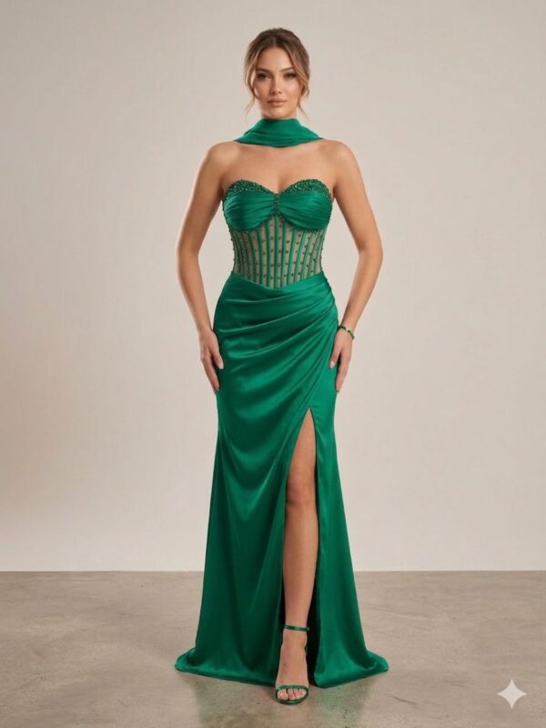 Rochie lungă elegantă cu cupe push-up, corset și fermoar ascuns la spate, stil elegant, pentru evenimente – Cod 5002