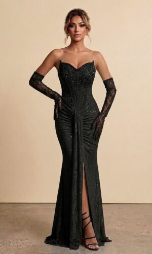 Rochie lungă elegantă cu cupe push-up, corset și fermoar ascuns la spate, stil elegant, pentru evenimente – Cod 9817