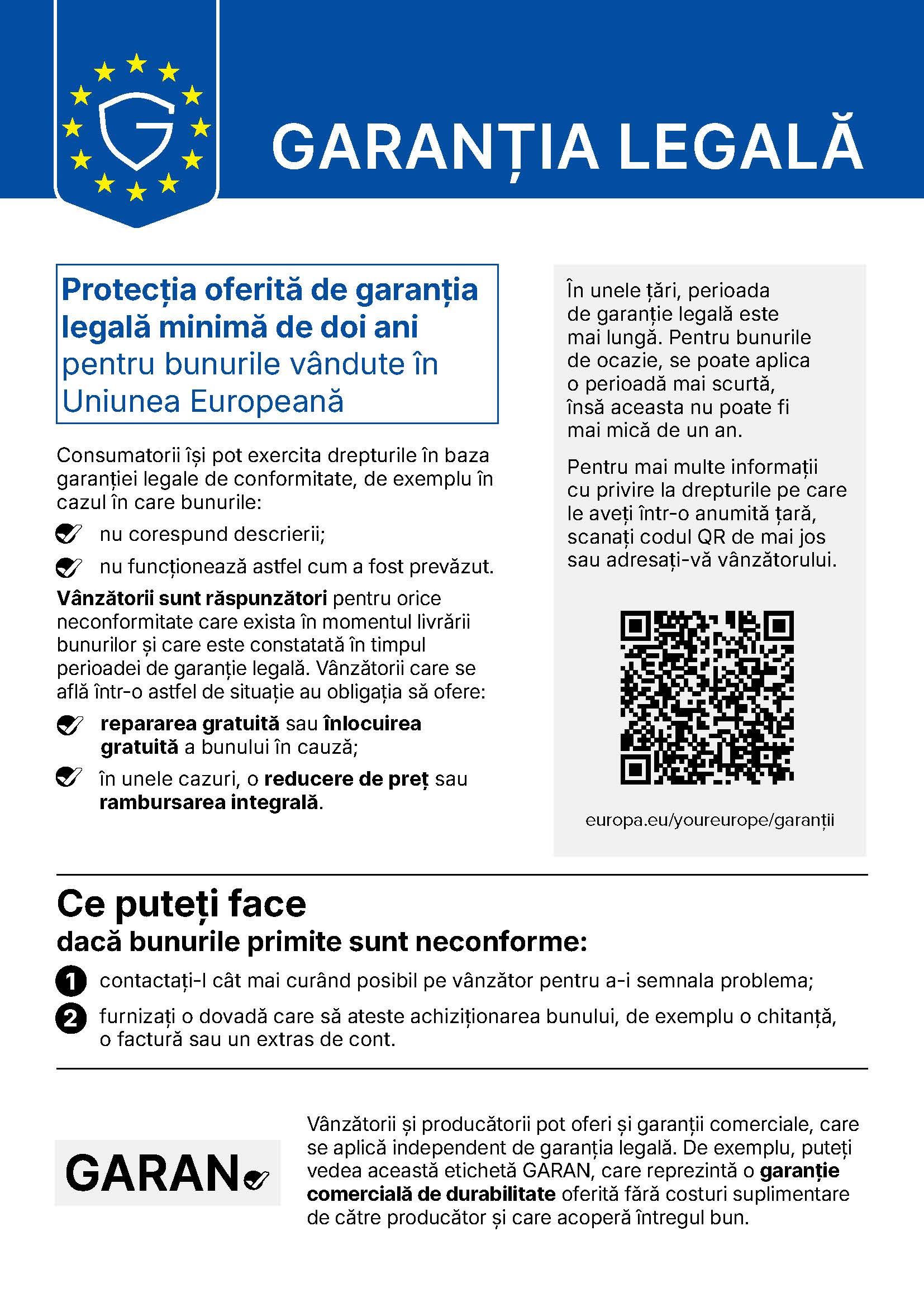 Garanția legală de conformitate - notificare oficială Uniunea Europeană